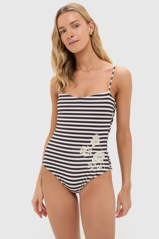 Black and White Striped Las Blasas Embroidered One Piece sold by Tuckernuck