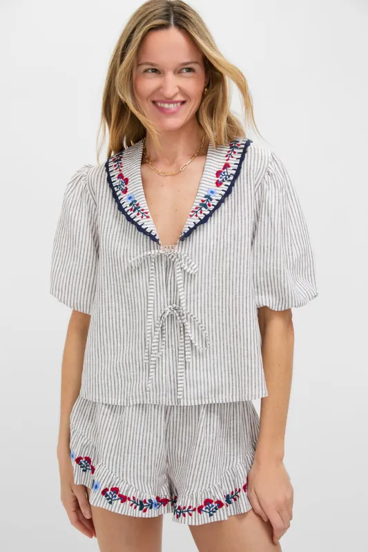 Tan Stripe Embroidered Falyn Top sold by Tuckernuck