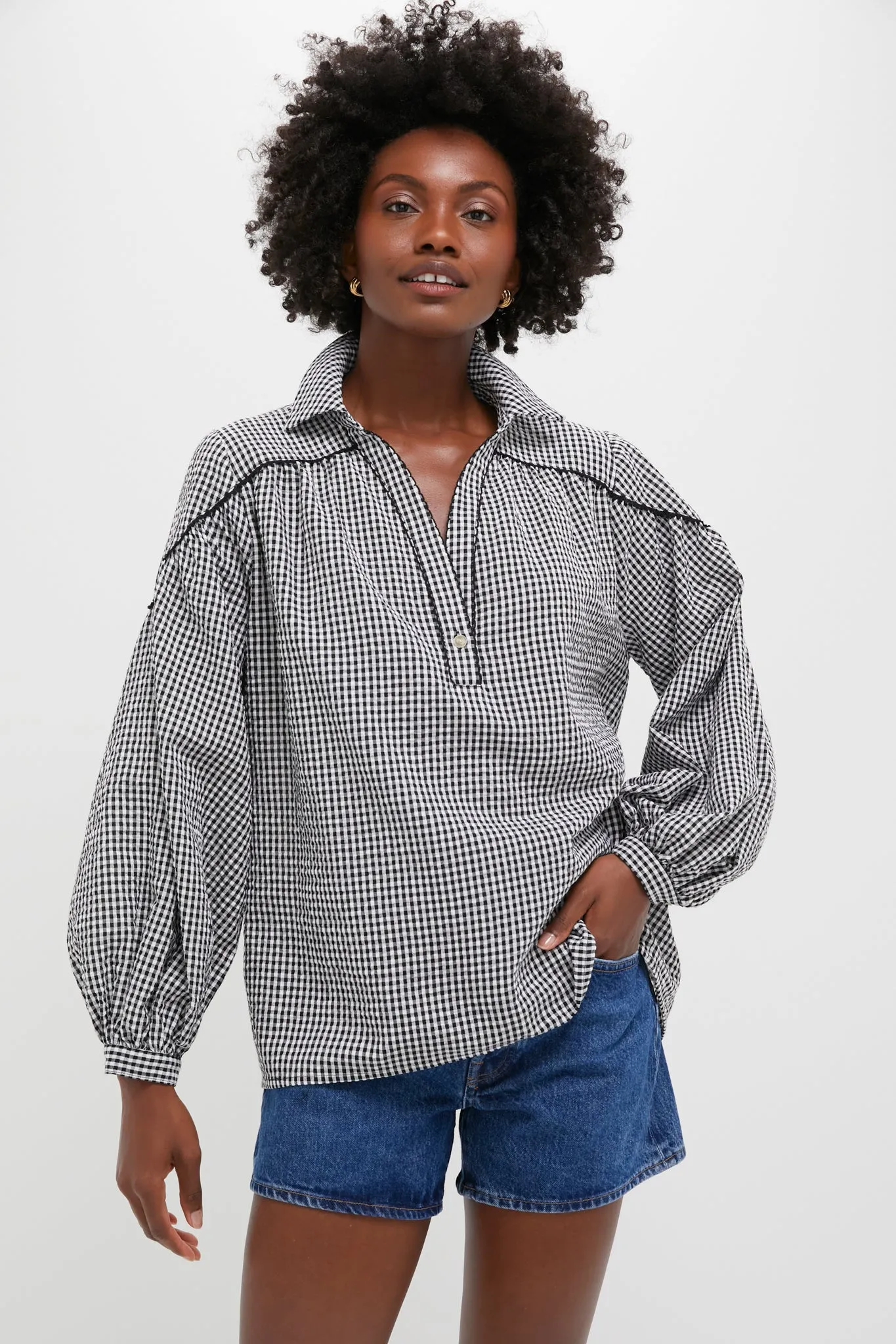 Black Gingham Seersucker Izzy Popover Top sold by Tuckernuck