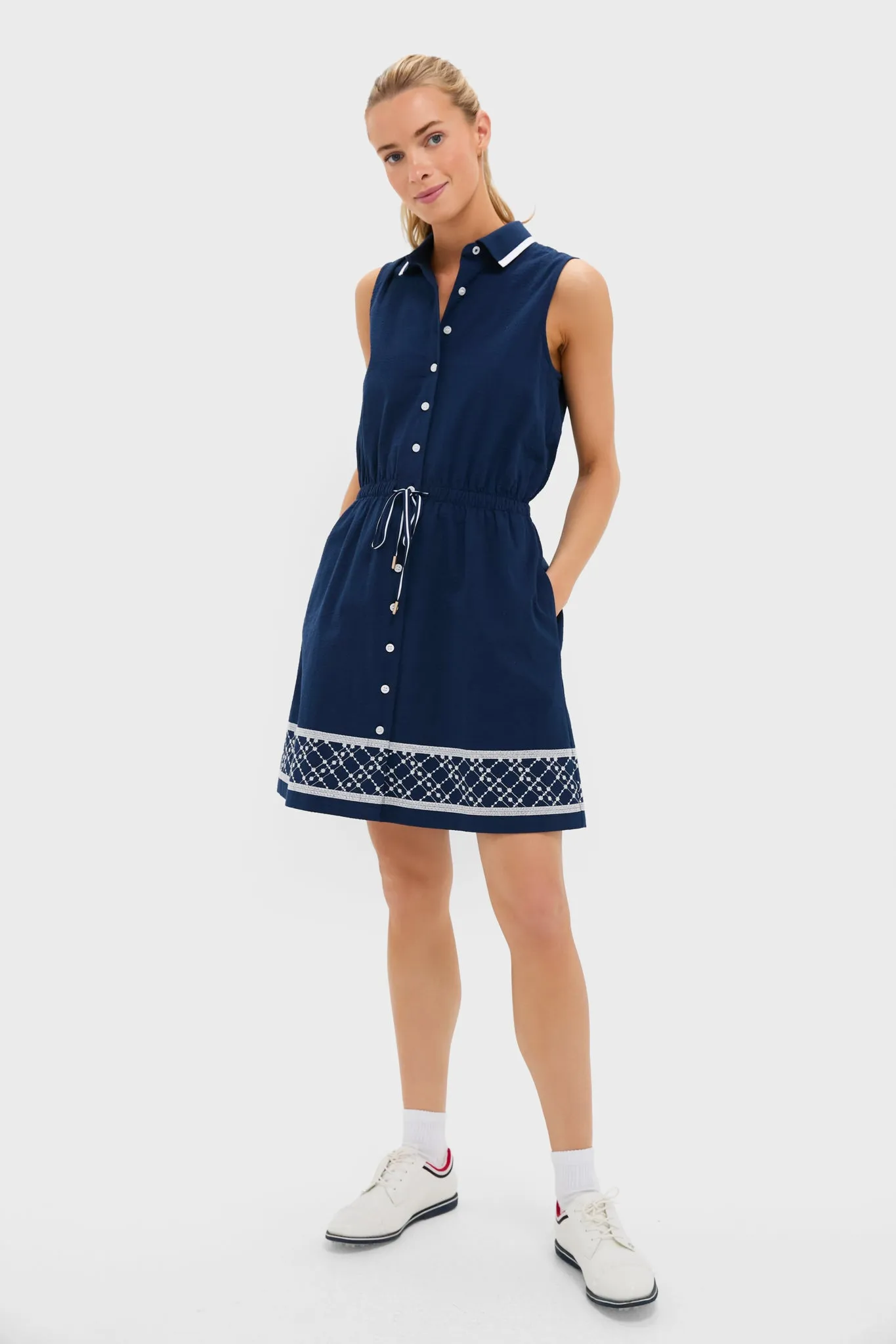 Navy and White Embroidered Seersucker Sleeveless Alcott Golf Dress sold by Tuckernuck product image thumbnail 5