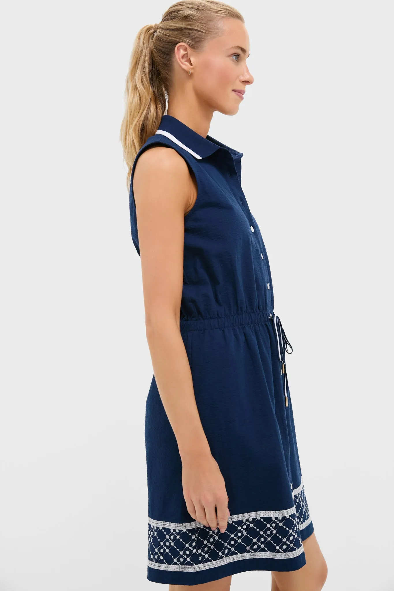 Navy and White Embroidered Seersucker Sleeveless Alcott Golf Dress sold by Tuckernuck product image thumbnail 2