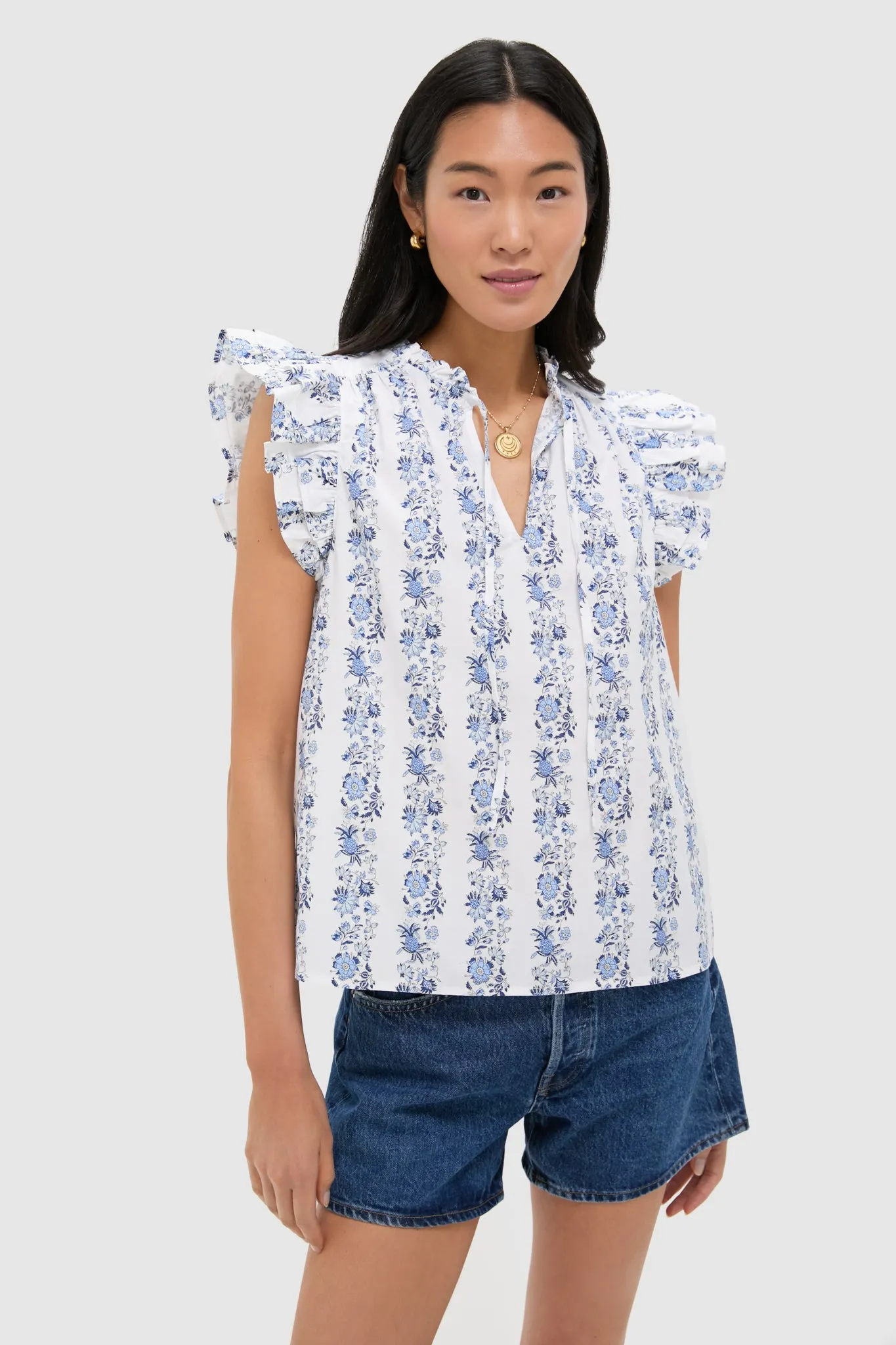 Bella Floral White Ruffle Sleeve Popover sold by Tuckernuck