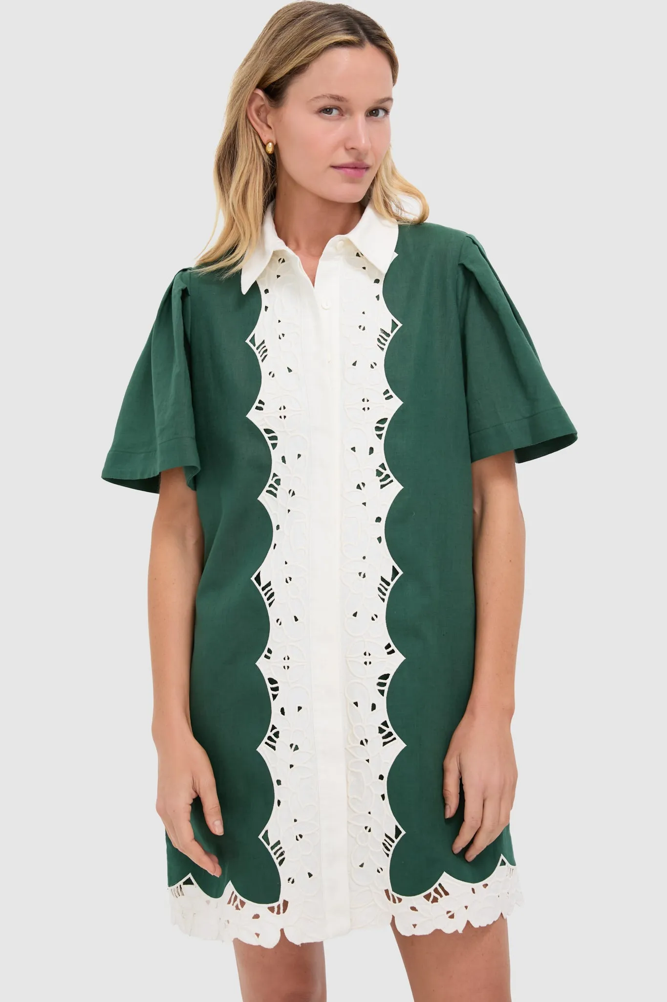 Dark Green Eyelet Trim Cotton Linen Delilah Dress sold by Tuckernuck