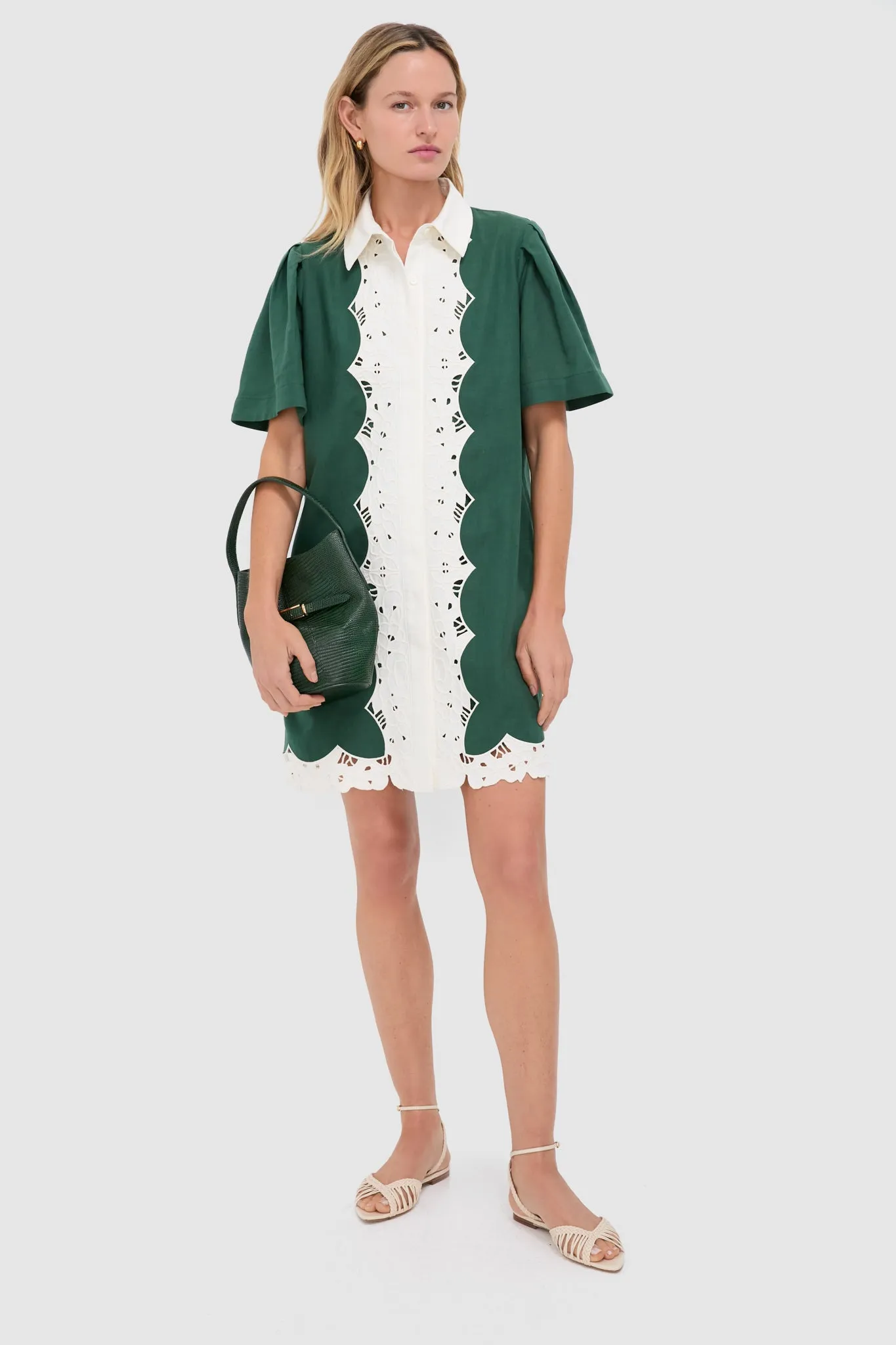 Dark Green Eyelet Trim Cotton Linen Delilah Dress sold by Tuckernuck product image thumbnail 2