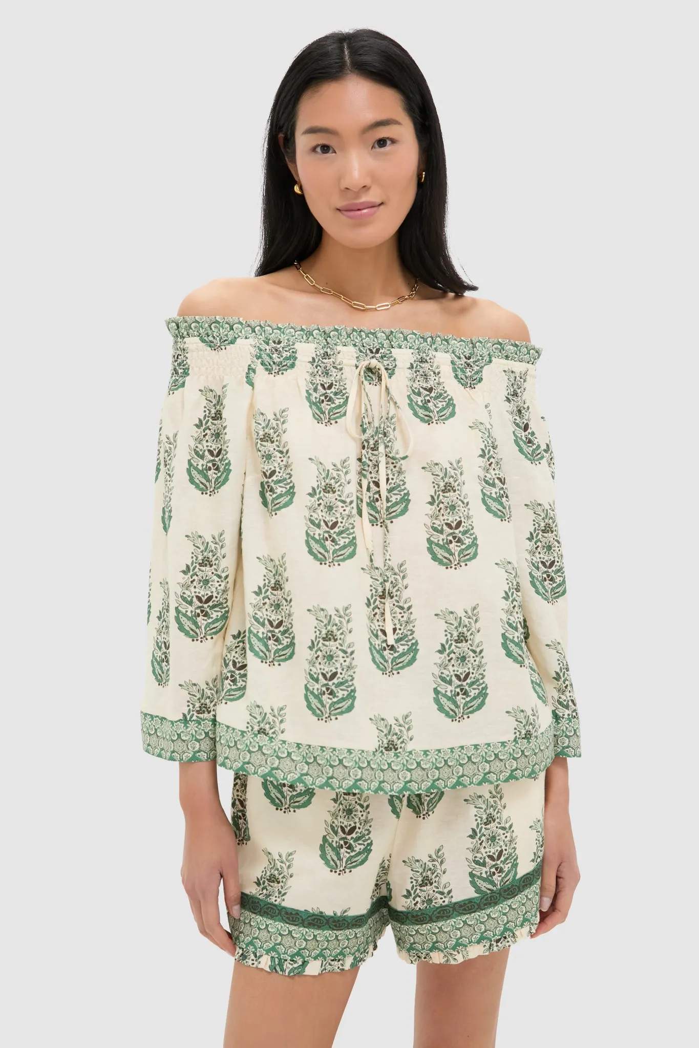 Jade Terrace Cotton Linen Off the Shoulder Ashleigh Blouse sold by Tuckernuck