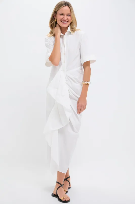 White Gathered Ruffle Shirt Dress sold by Tuckernuck