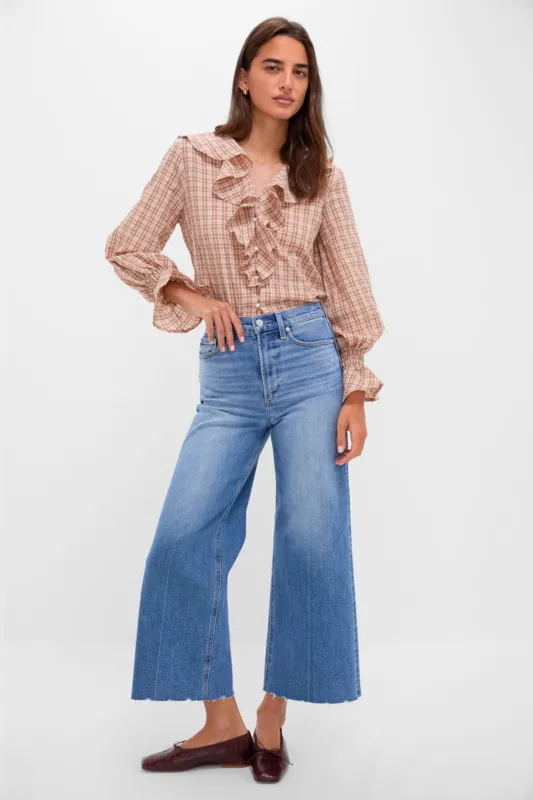 Tan and Pink Plaid V Neck Ruffle Eileen Button Down sold by Tuckernuck