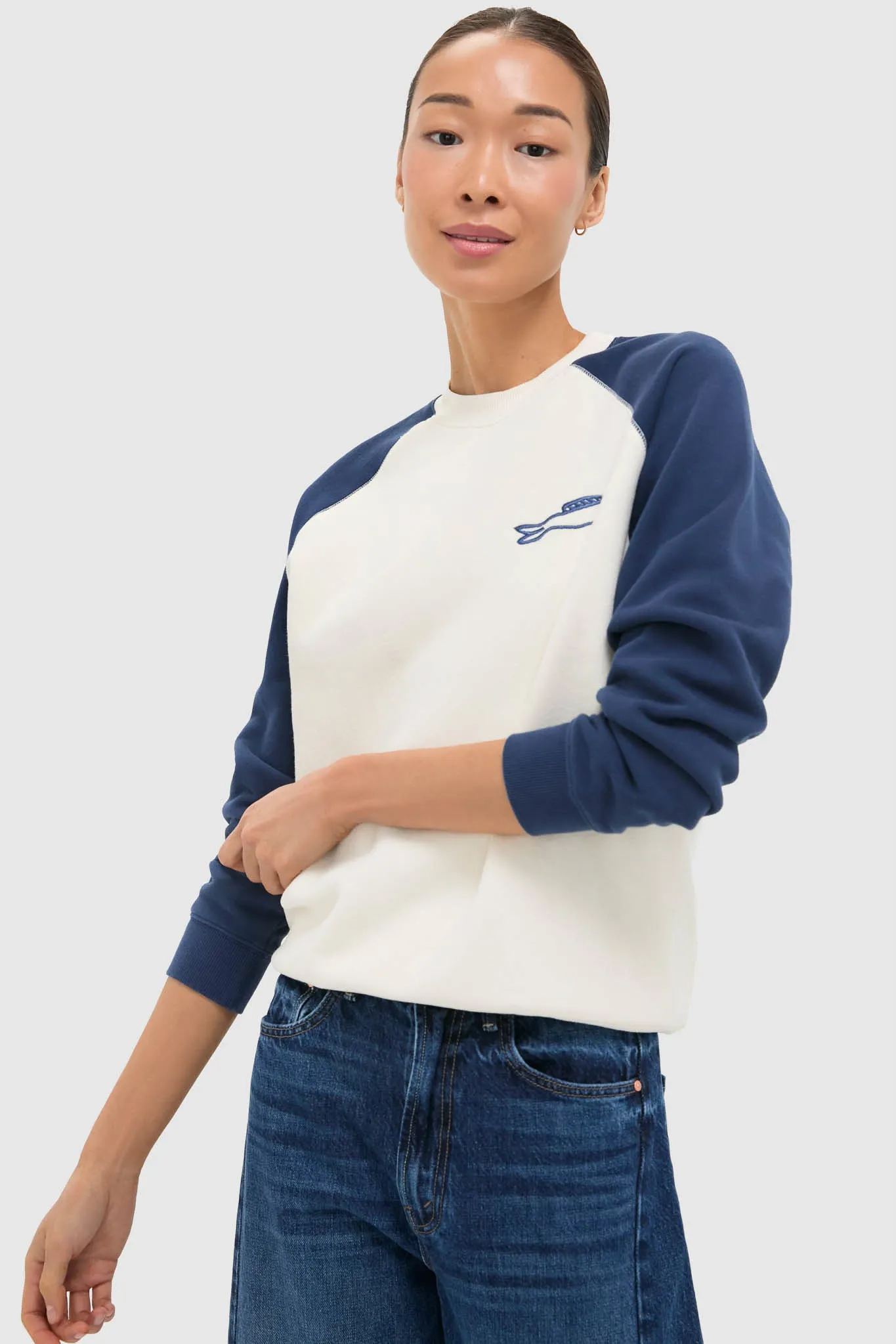 Cream and Navy Embroidered Sardine Sweatshirt sold by Tuckernuck