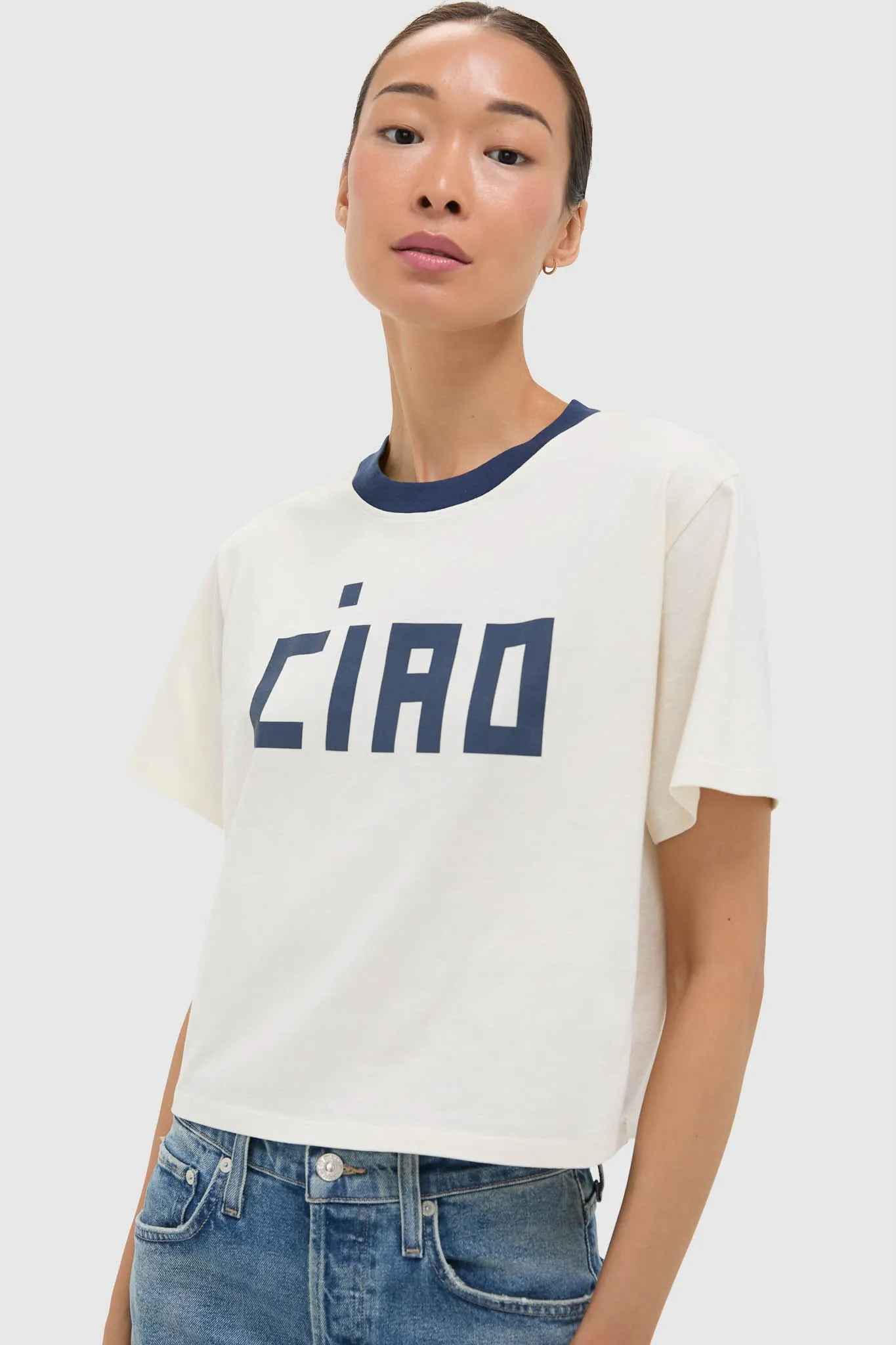 Cream and Navy Le Carre Tee sold by Tuckernuck