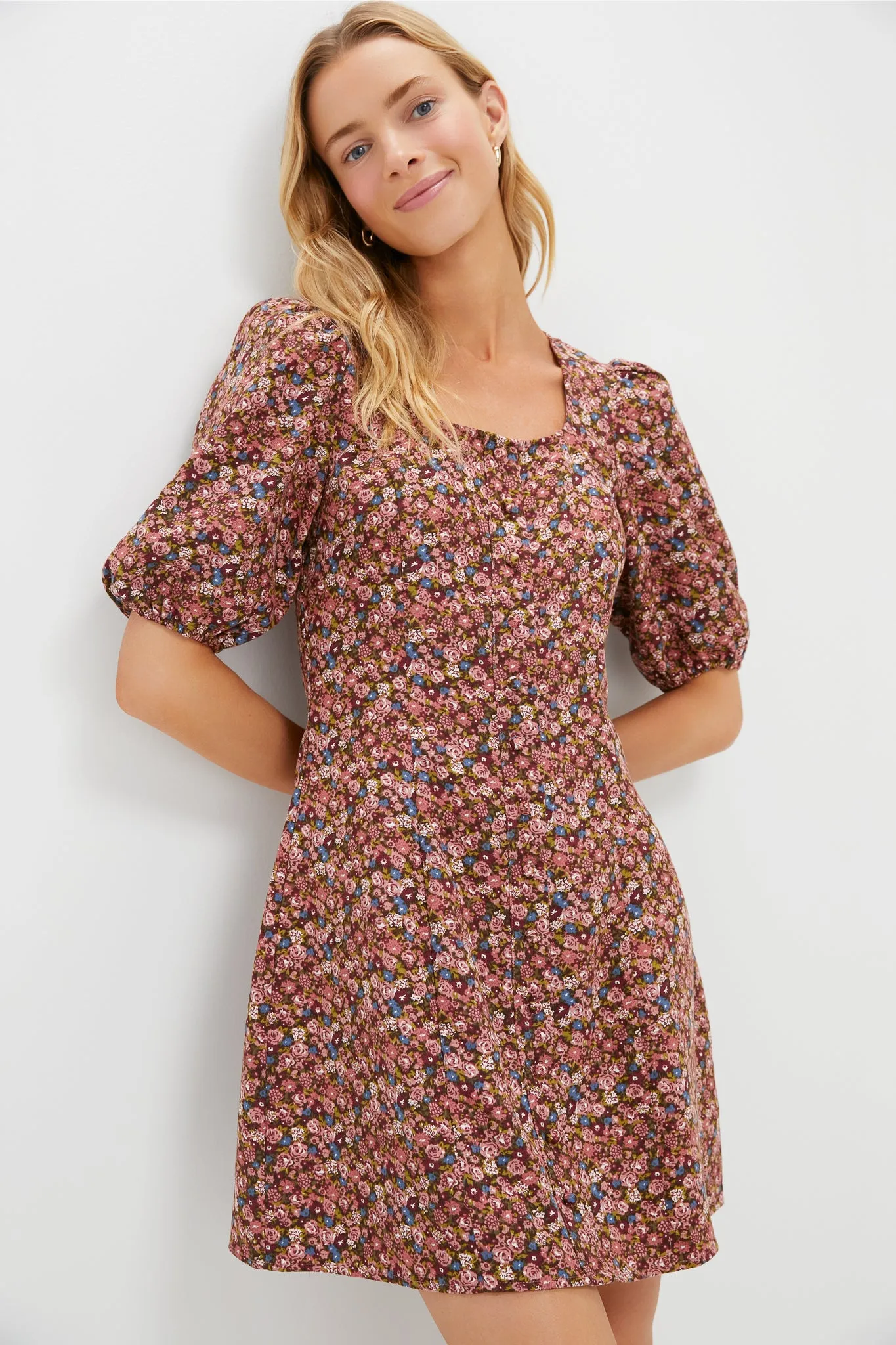 Mauve Ditsy Floral Button Front Corduroy Bryant Mini Dress sold by Tuckernuck