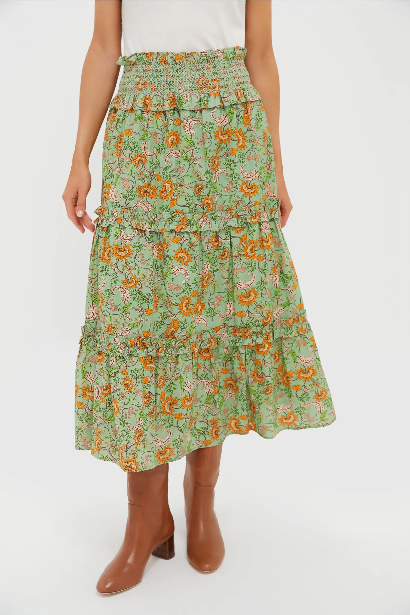 Mint and Orange Floral Smocked Odette Midi Skirt sold by Tuckernuck