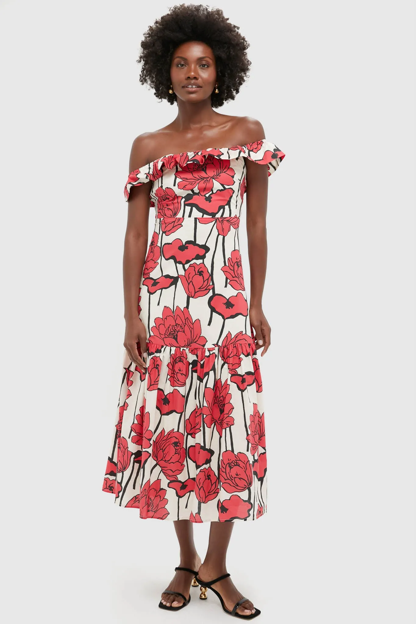 Red & Cream Floral Floral Off-the-Shoulder Giselle Dress sold by Tuckernuck