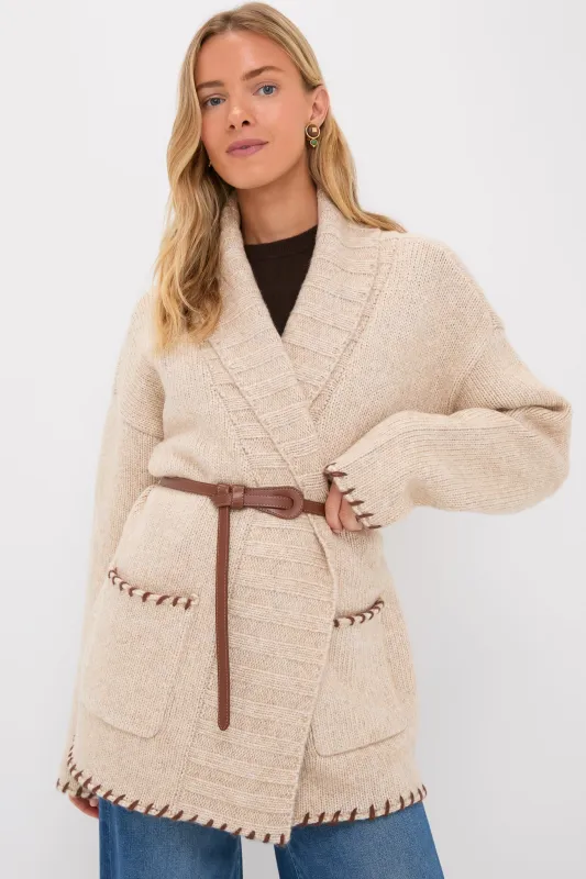Sandstone Heather and Brown Blanket Stitch Harrow Cardigan sold by Tuckernuck