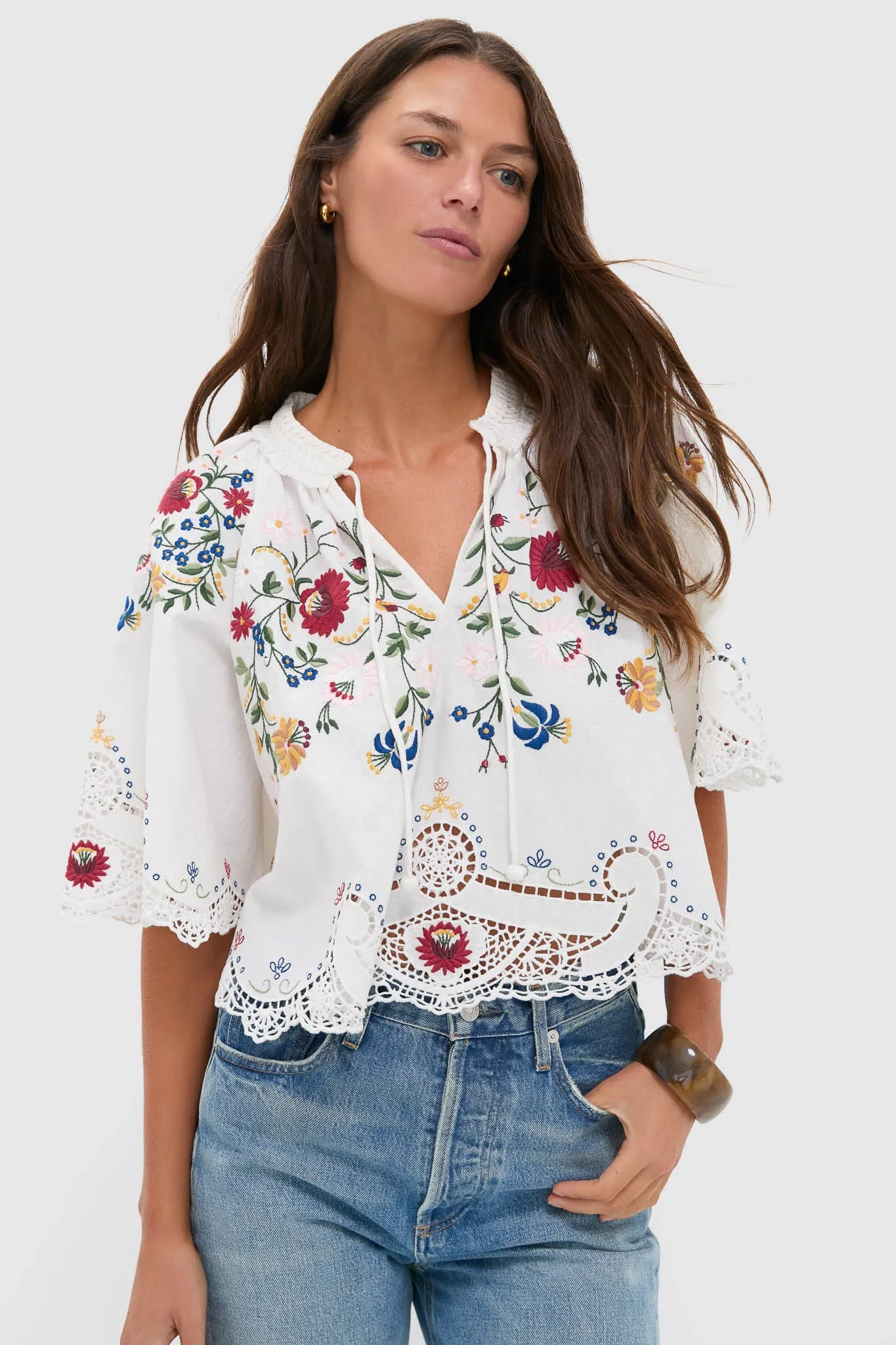 Cream Celia Embroidery Short Sleeve Top sold by Tuckernuck