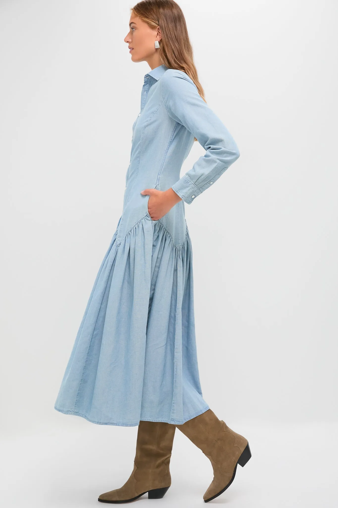 Pacific Blue Chambray Woven Collared Long Sleeve Shirt Dress sold by Tuckernuck product image thumbnail 3