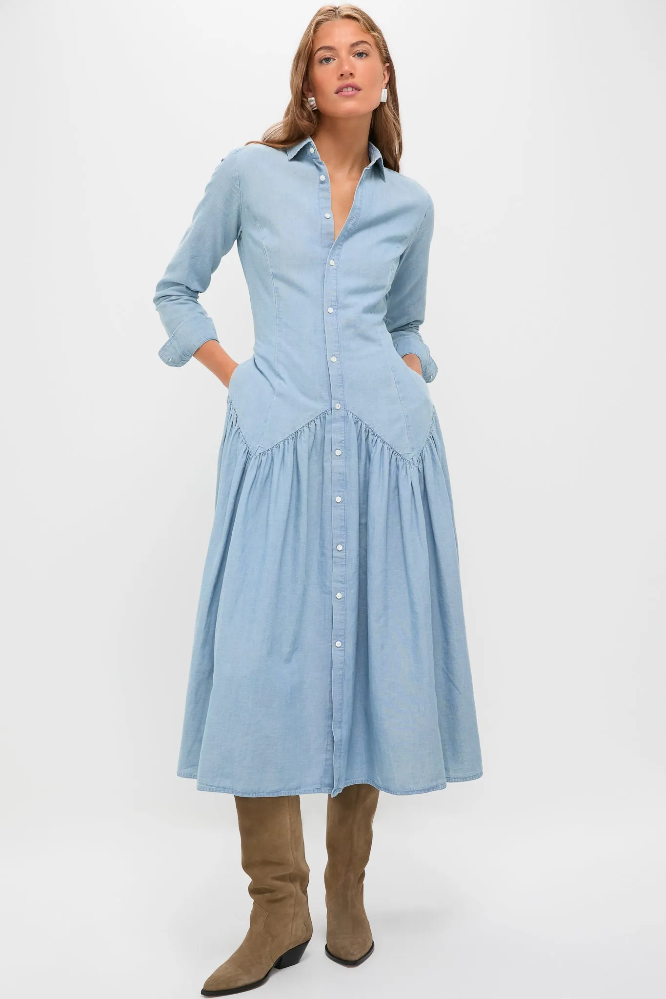 Pacific Blue Chambray Woven Collared Long Sleeve Shirt Dress sold by Tuckernuck
