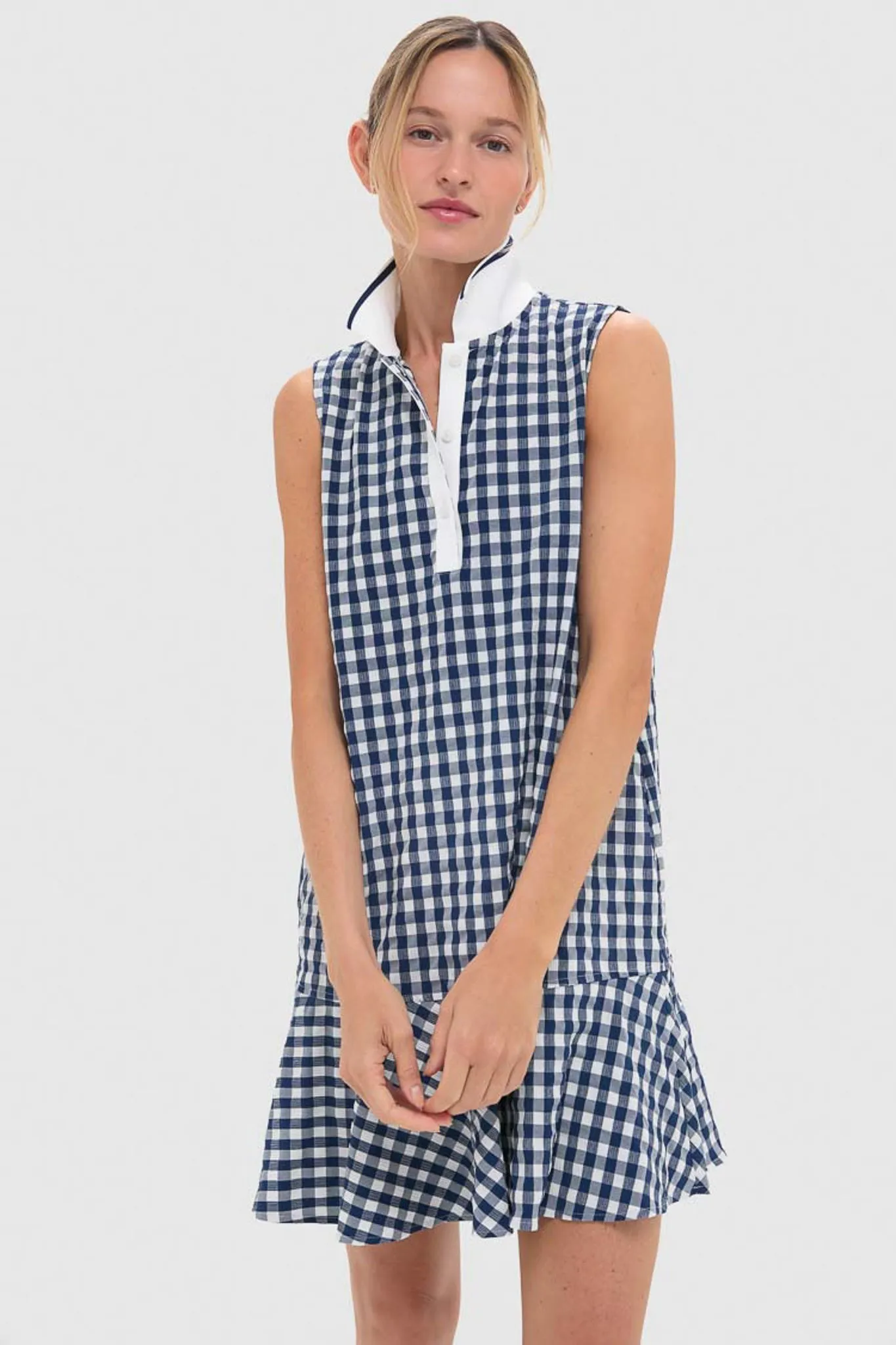 Navy Gingham Sleeveless Performance Seersucker May Golf Dress sold by Tuckernuck
