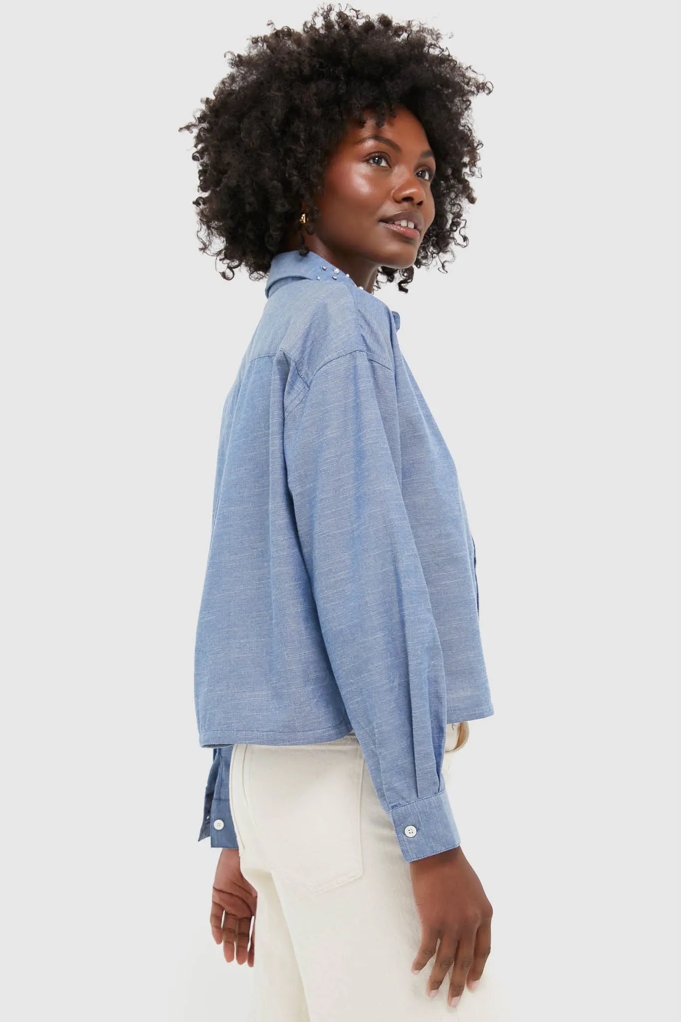 Chambray Denim Embellished Cropped Jasper Button Down sold by Tuckernuck product image thumbnail 3