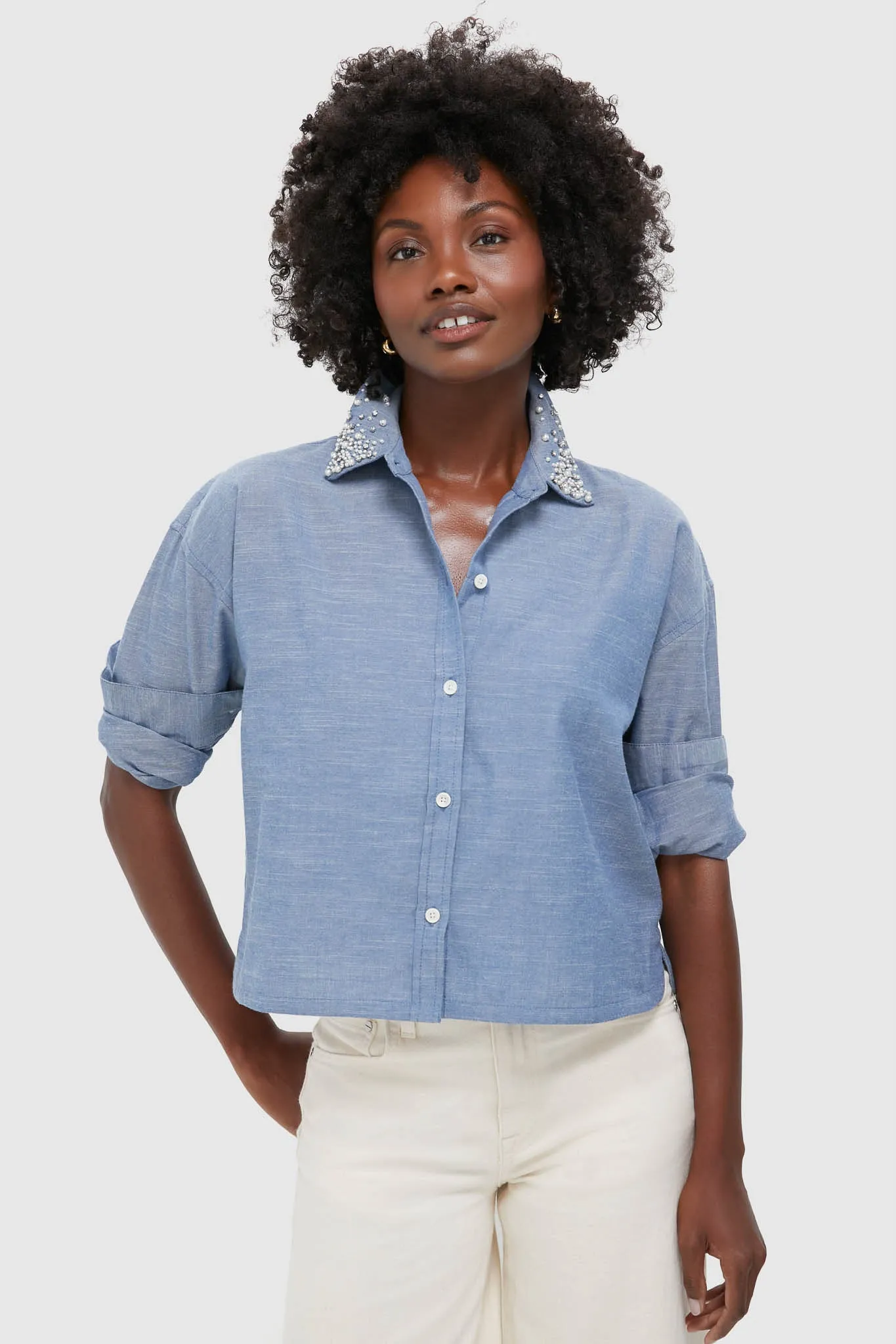Chambray Denim Embellished Cropped Jasper Button Down sold by Tuckernuck