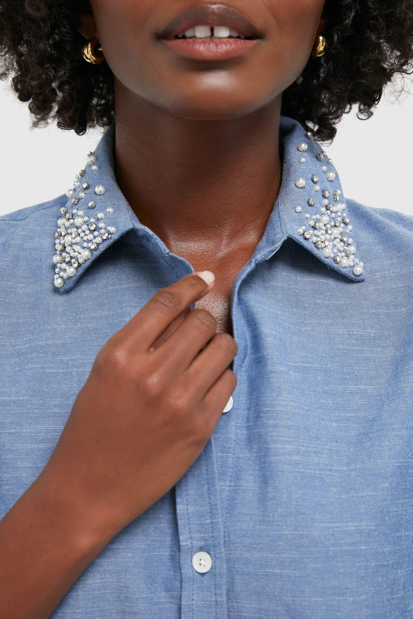 Chambray Denim Embellished Cropped Jasper Button Down sold by Tuckernuck product image thumbnail 5