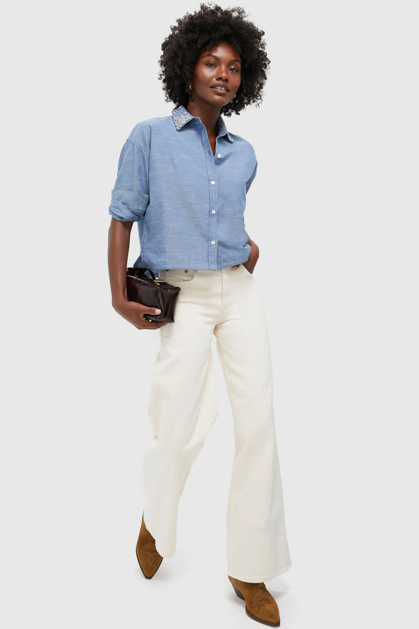 Chambray Denim Embellished Cropped Jasper Button Down sold by Tuckernuck product image thumbnail 2