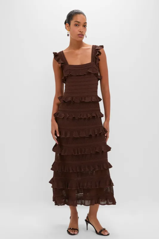 Metallic Chocolate Hypnotic Lace Frill Midi Dress sold by Tuckernuck