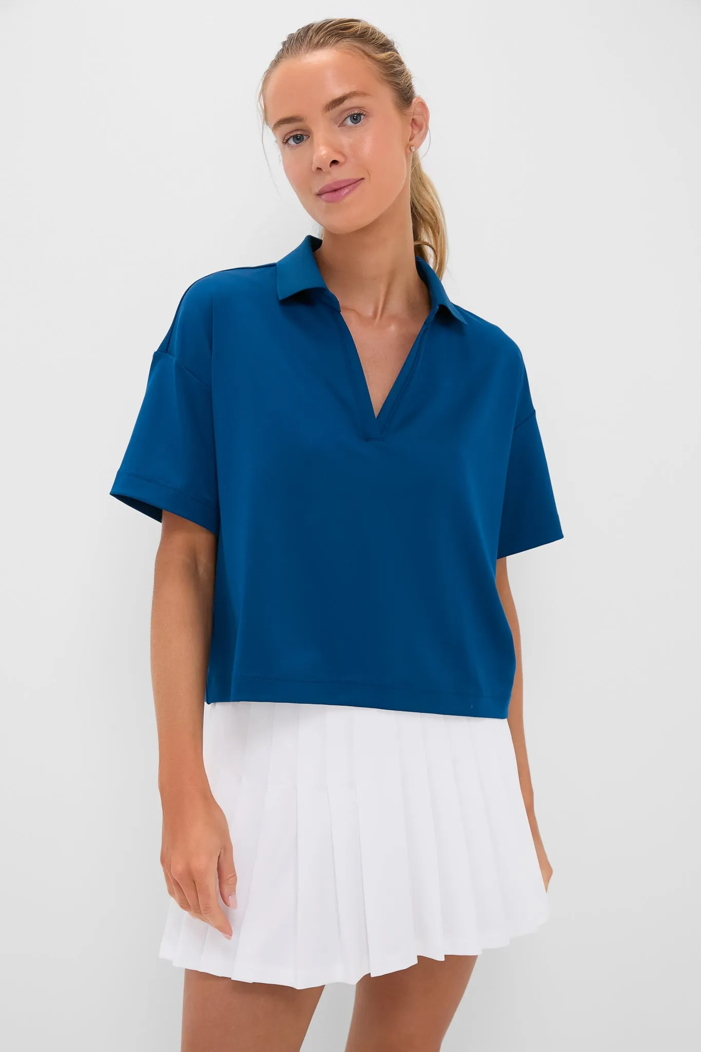 Harbor Blue Cropped Performance Jersey Caroline Polo sold by Tuckernuck
