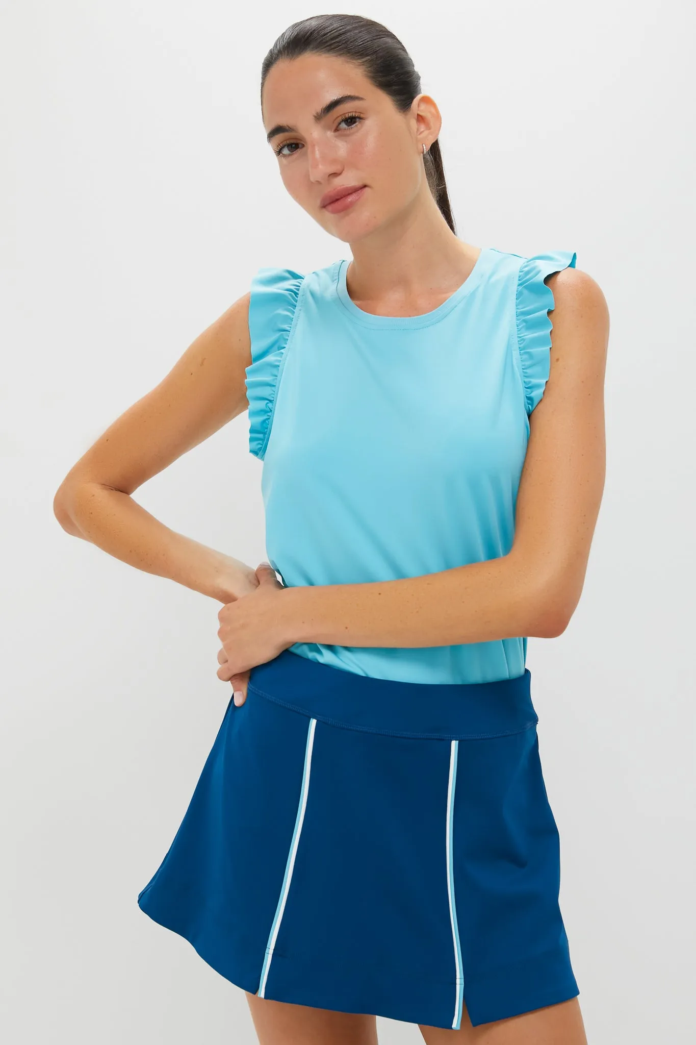 Bright Blue Ruffle Performance Jersey Lea Tank sold by Tuckernuck