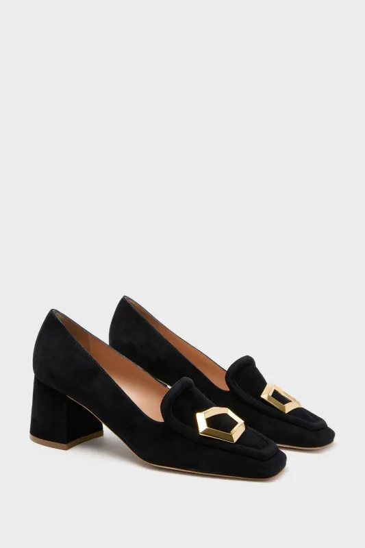 Midnight Suede with Gold Cubic Pebble Nola Heels sold by Tuckernuck