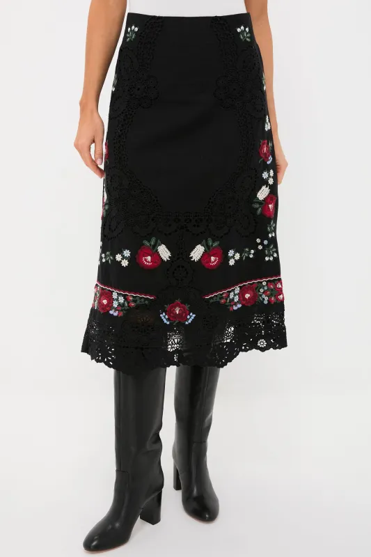 Black Rosaline Embroidery Midi Skirt sold by Tuckernuck
