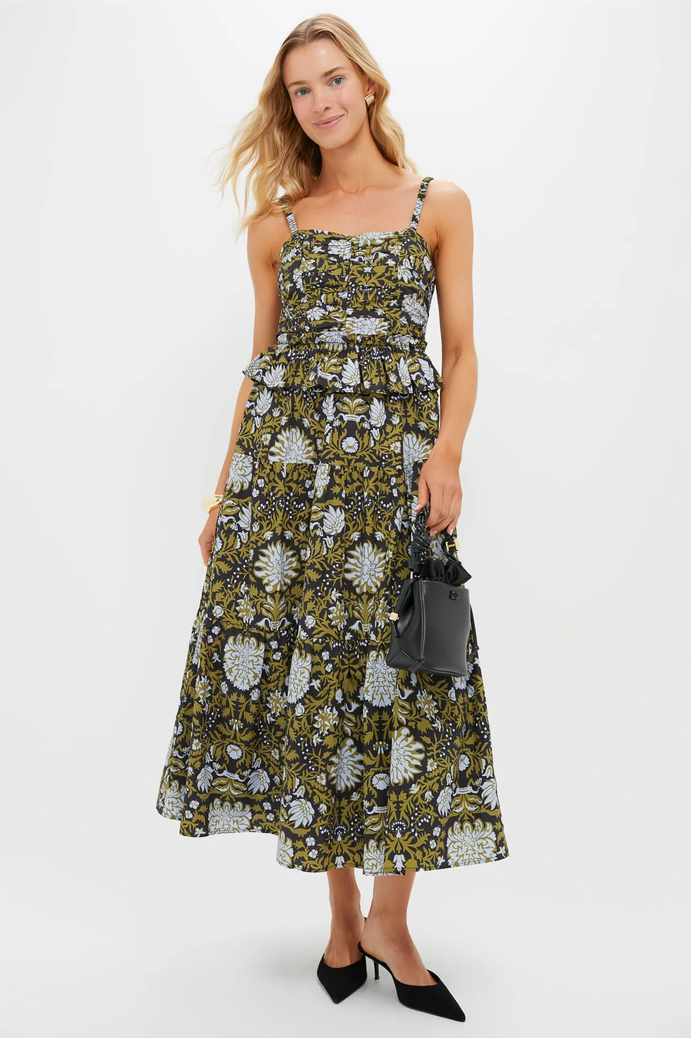 Black Floral Peplum Myles Midi Dress sold by Tuckernuck