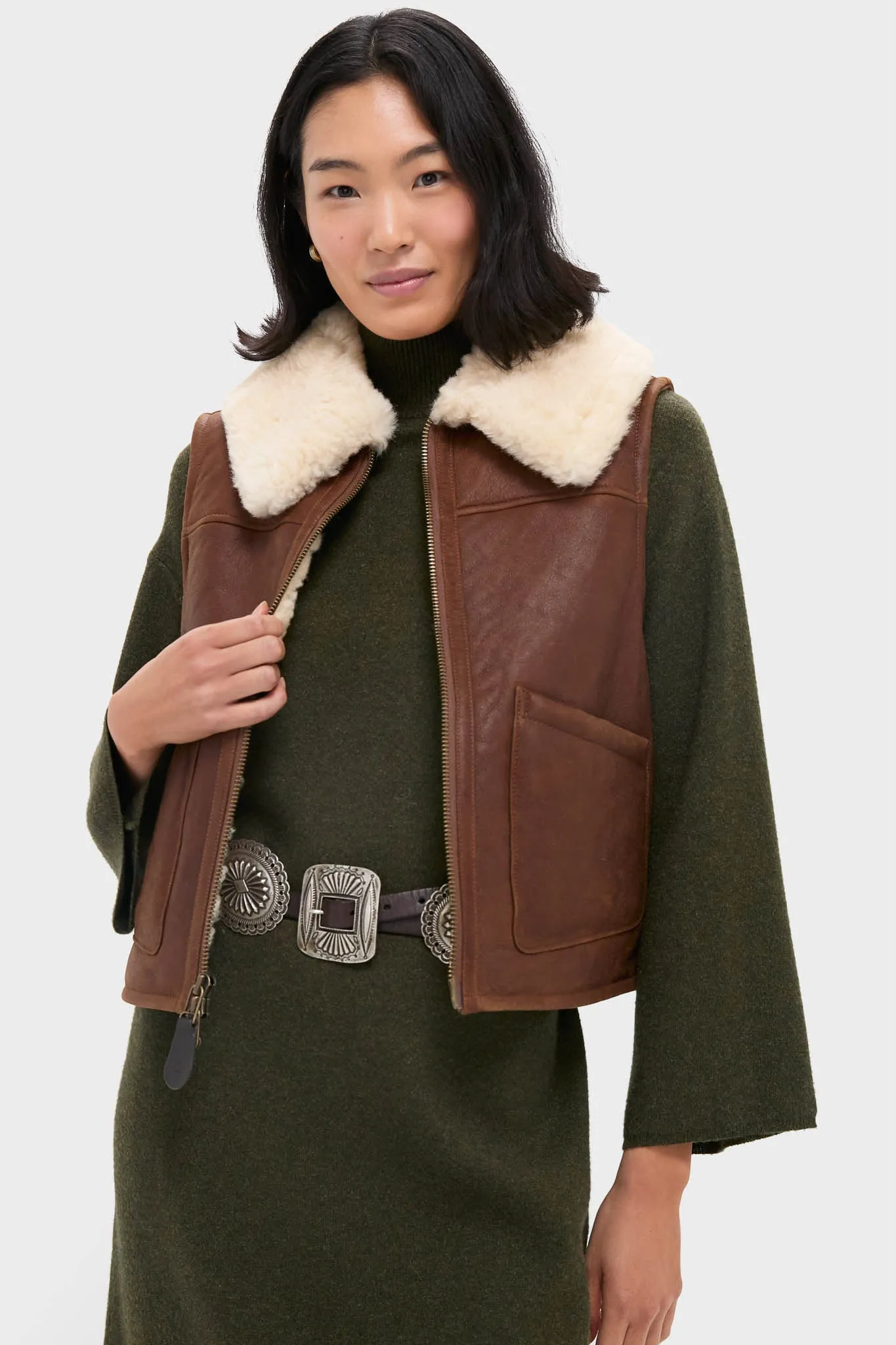 Pale Russet and Spring Beige Merino Shearling Leather Skin Vest sold by Tuckernuck