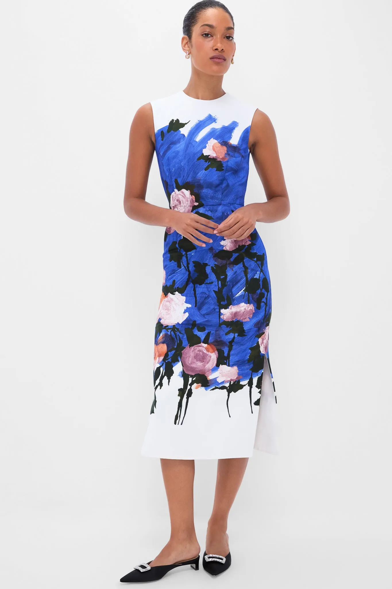 Brushstroke Rose Cobalt Blue Sleeveless Pencil Midi Dress sold by Tuckernuck