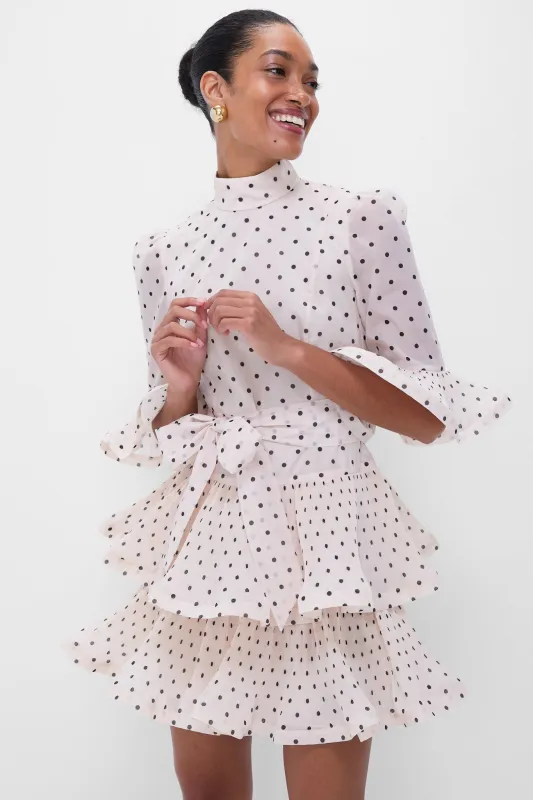 Cream and Black Polka Dot Pleated Sleeved Mini Dress sold by Tuckernuck