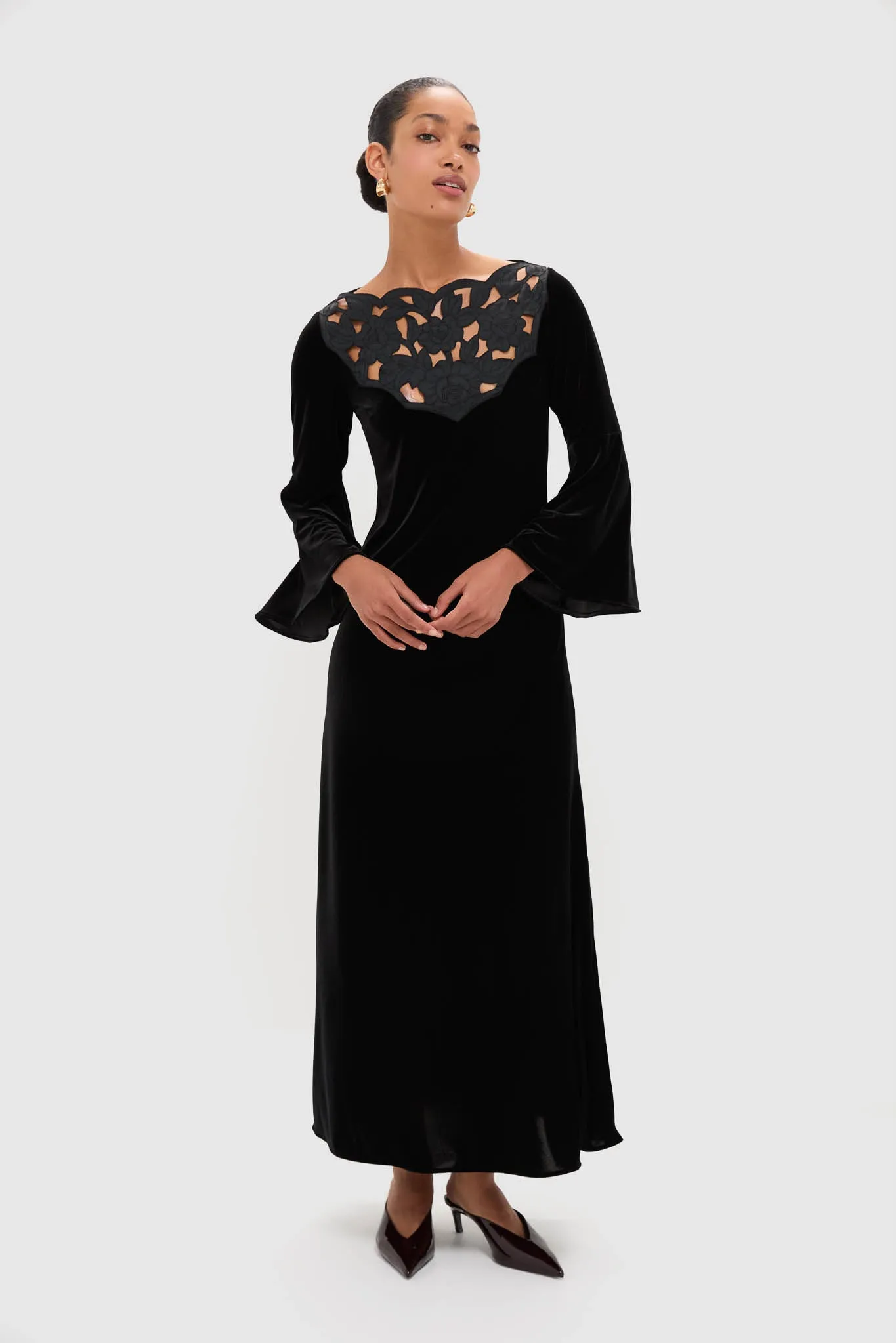 Accademia Black Velvet Bell Sleeve Catherine Maxi Dress sold by Tuckernuck