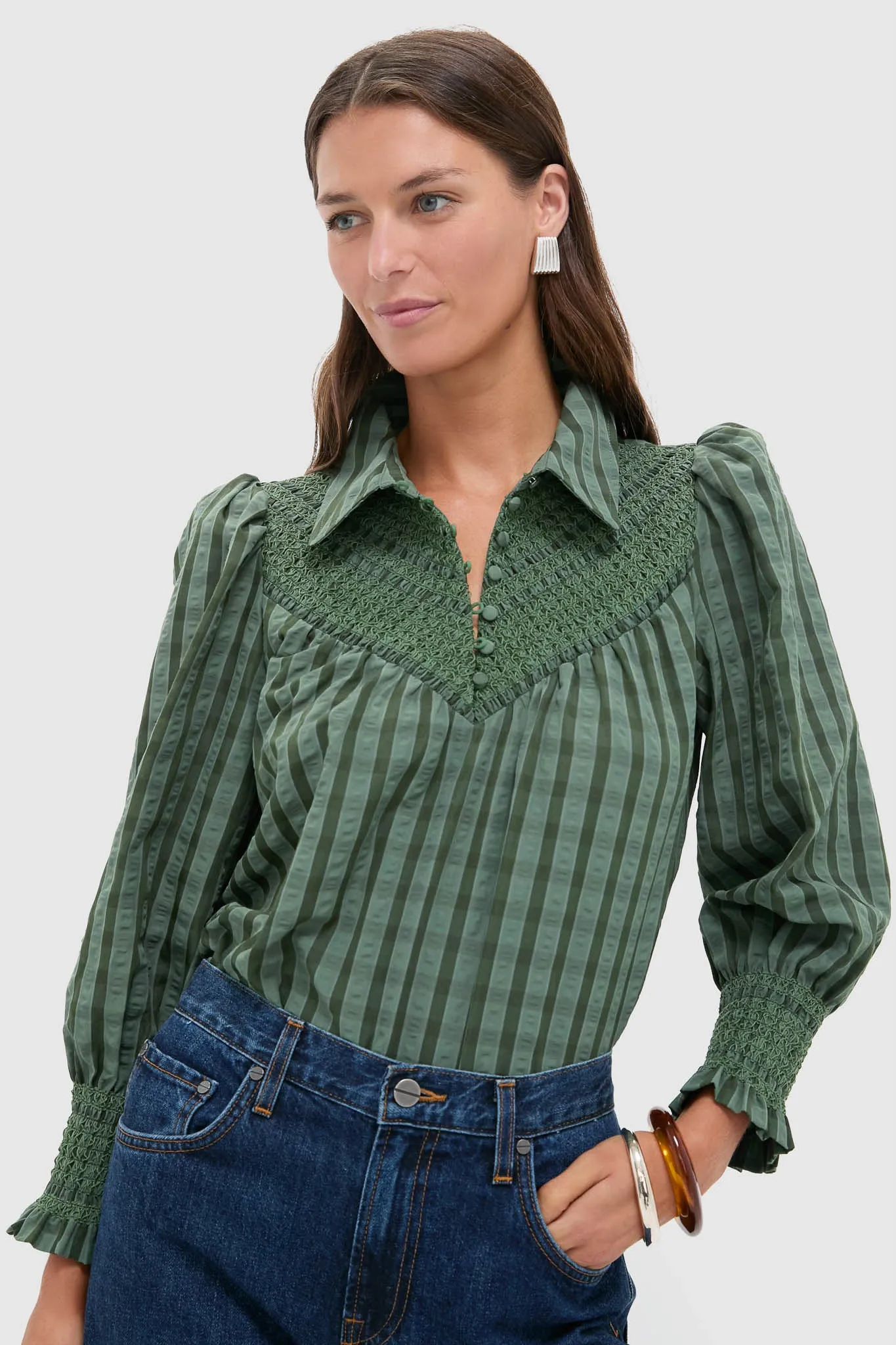 Green Windowpane Seersucker Vail Blouse sold by Tuckernuck