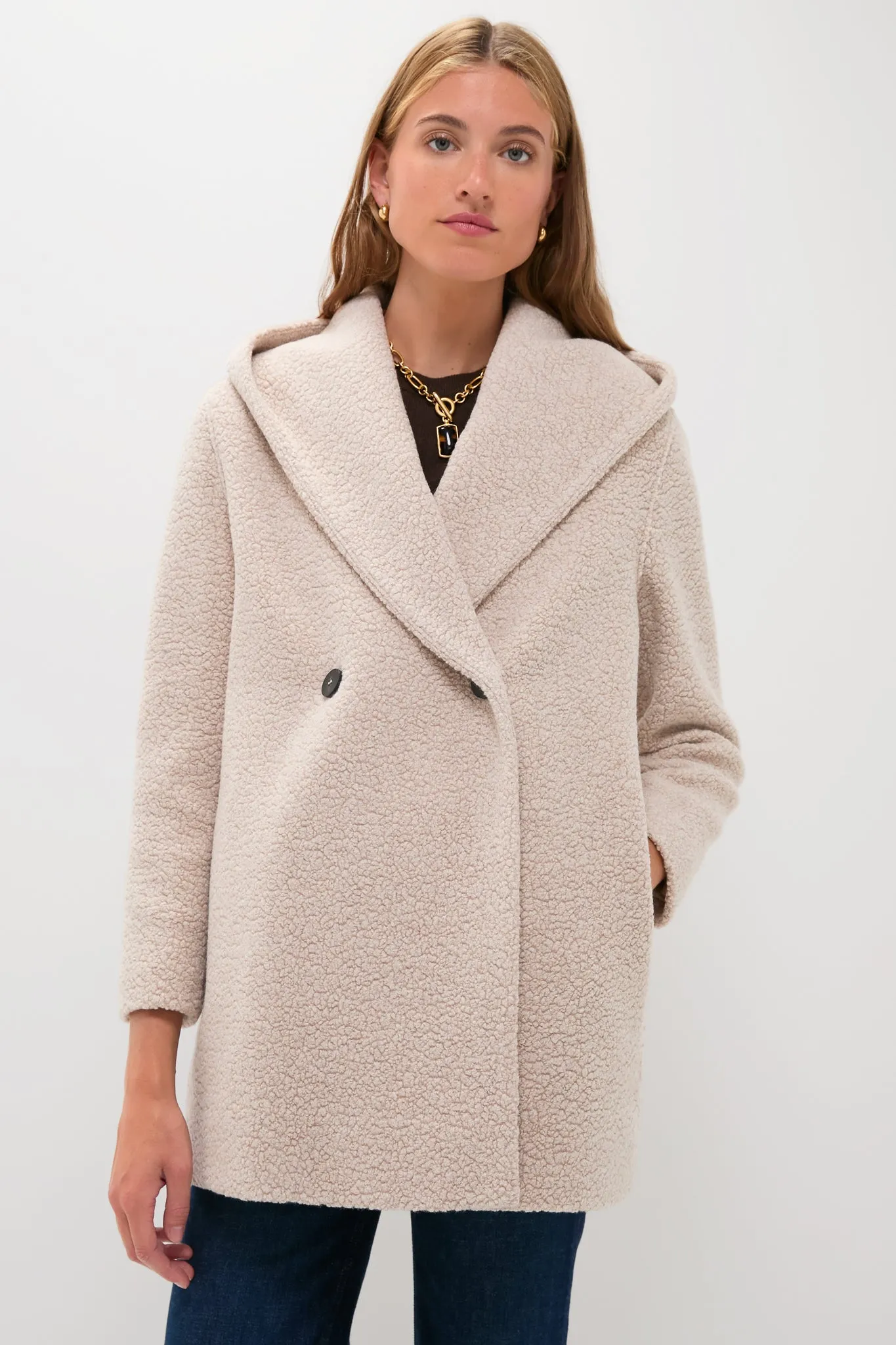 Almond Hooded Double Breasted Boucle Jacket sold by Tuckernuck