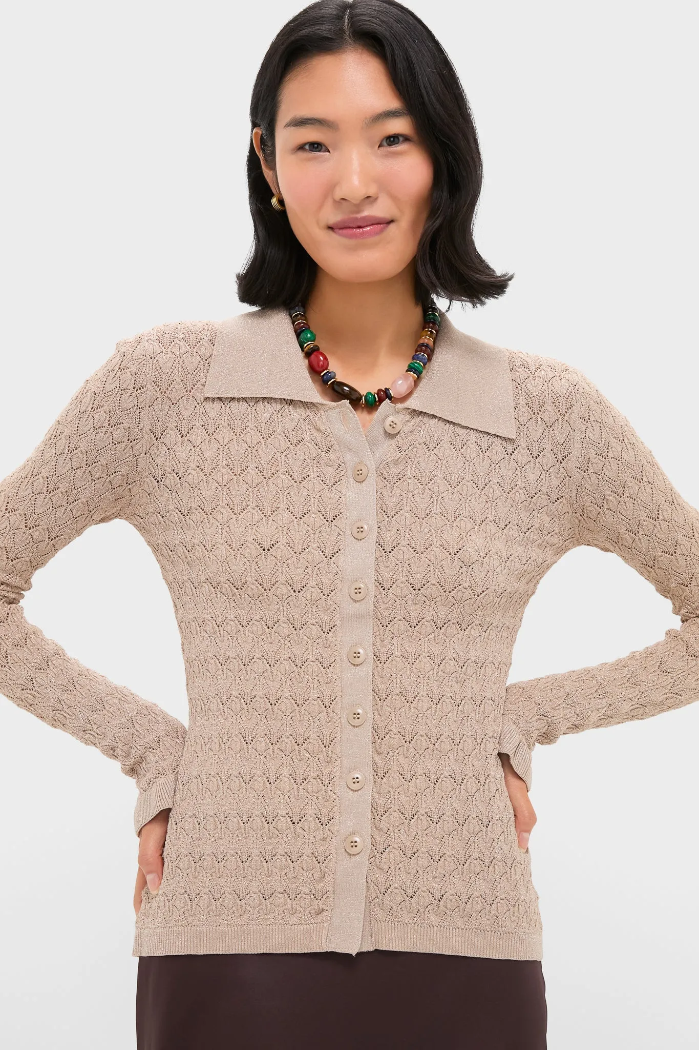 Champagne Ruby Knit Long Sleeve Polo sold by Tuckernuck