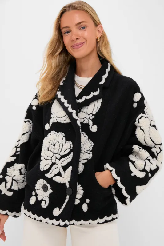 Black Cream Floral Arabesque Fleece Coat sold by Tuckernuck