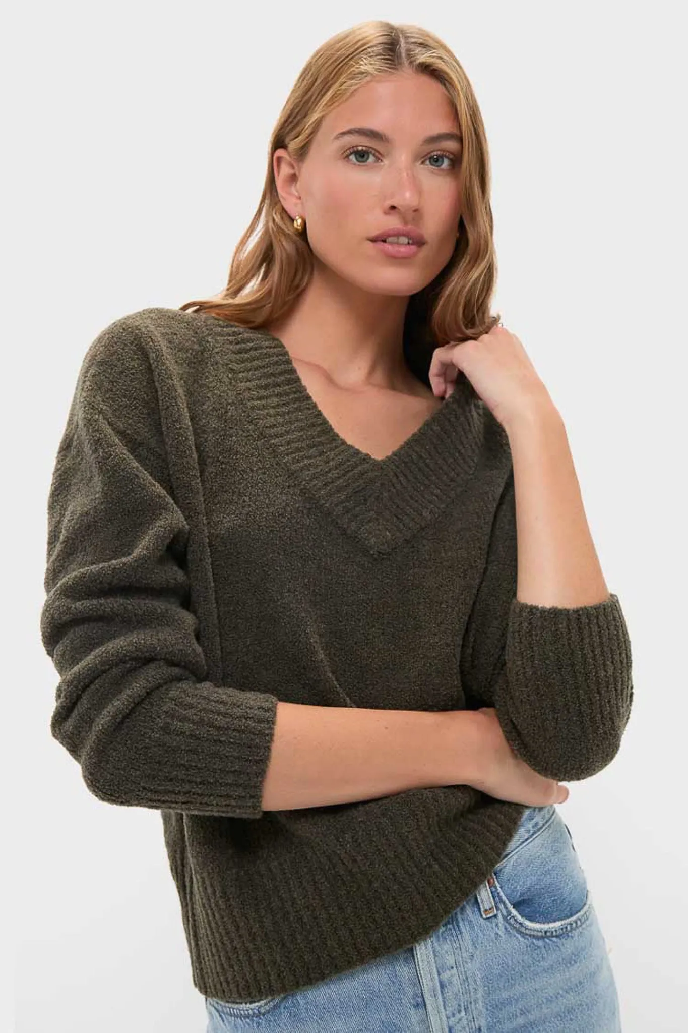 Olive Wool Boxy V-Neck Sweater sold by Tuckernuck