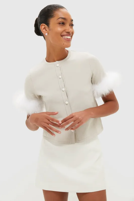 Beige Miss Kitty Short Sleeve Cardigan with Detachable Feathers sold by Tuckernuck