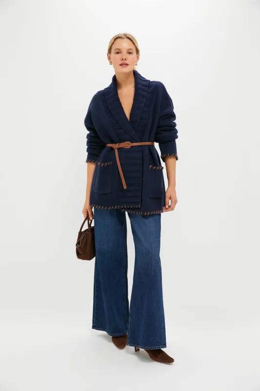 Navy and Brown Blanket Stitch Harrow Cardigan sold by Tuckernuck
