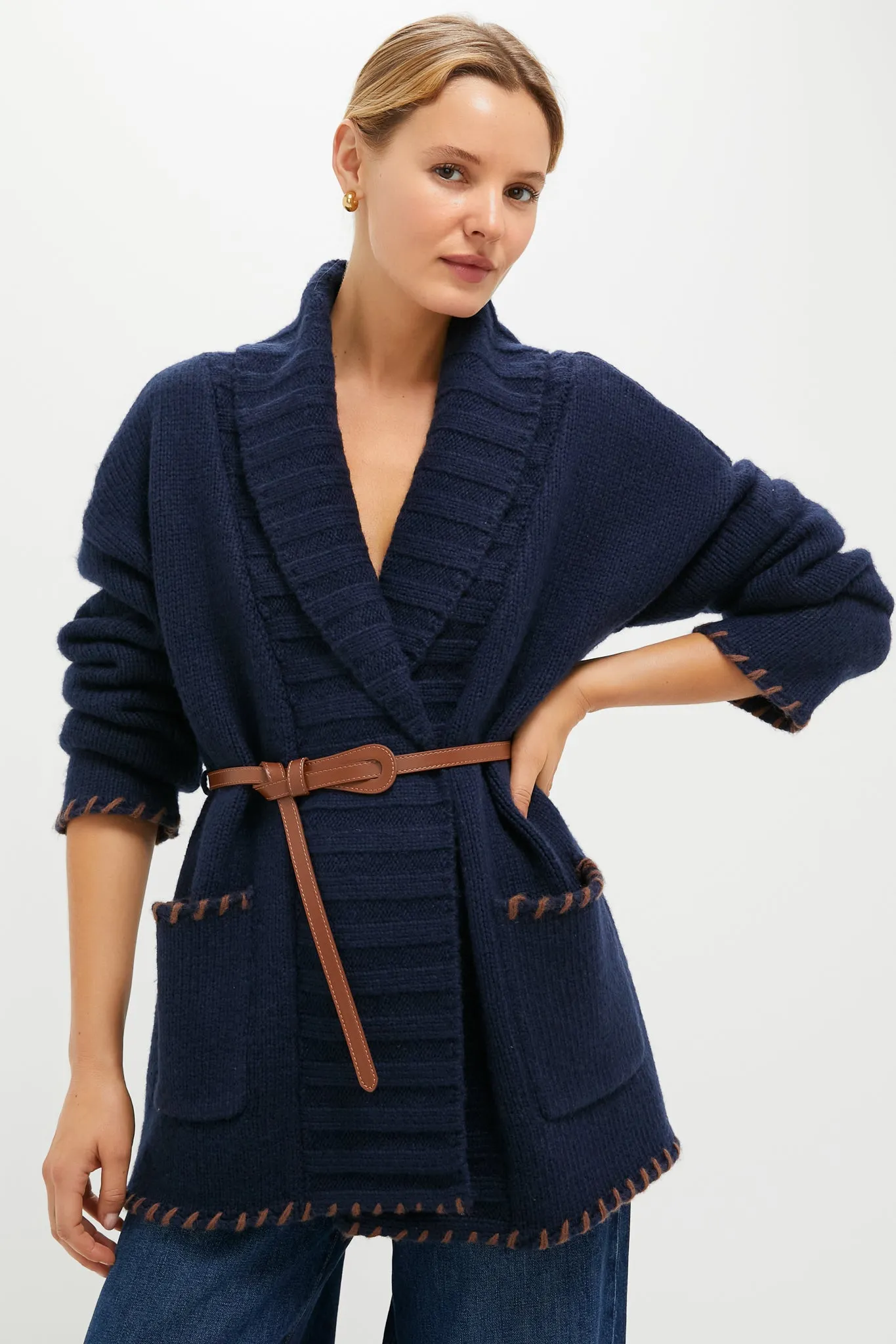 Navy and Brown Blanket Stitch Harrow Cardigan sold by Tuckernuck product image thumbnail 3