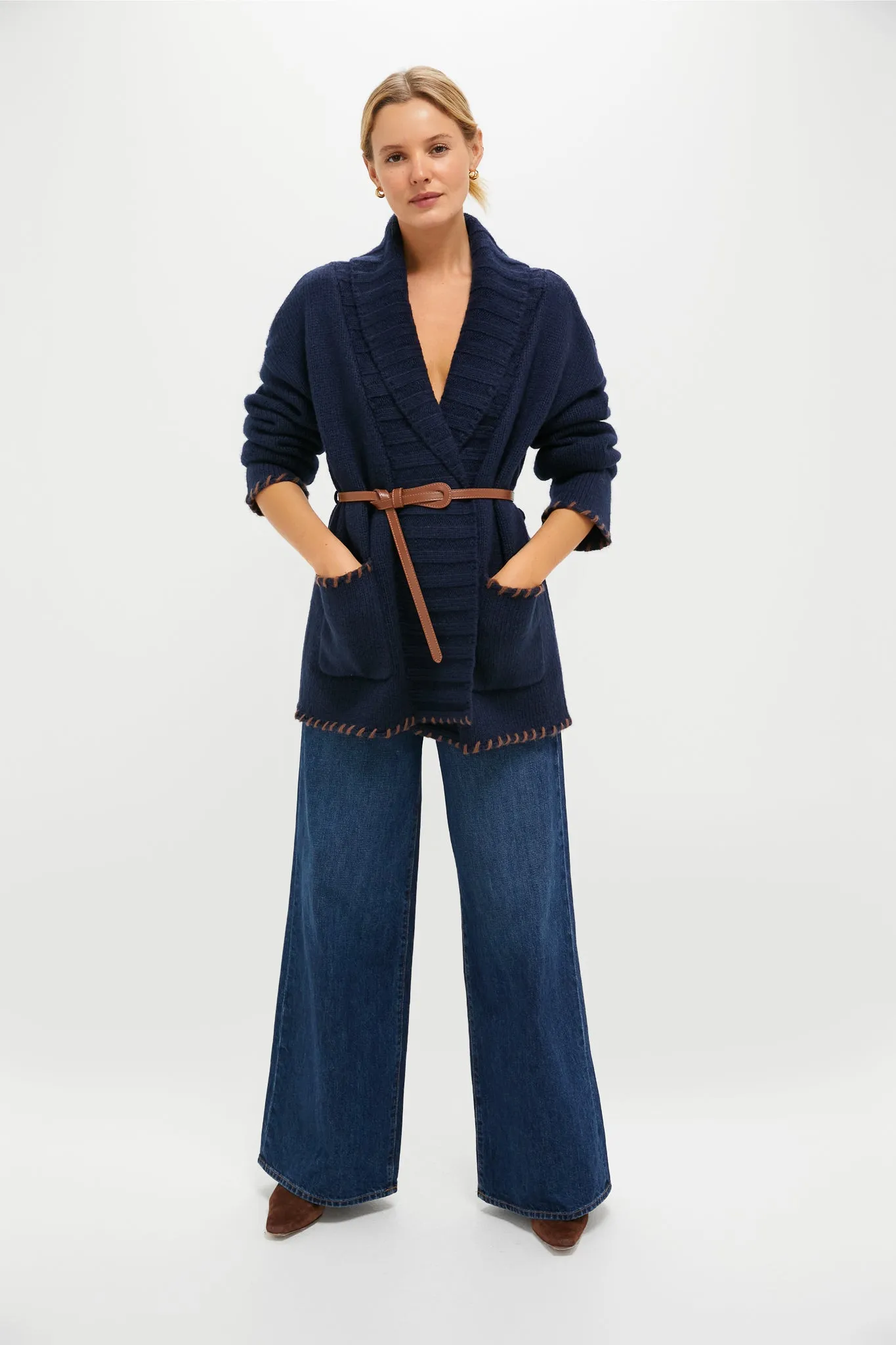 Navy and Brown Blanket Stitch Harrow Cardigan sold by Tuckernuck product image thumbnail 2