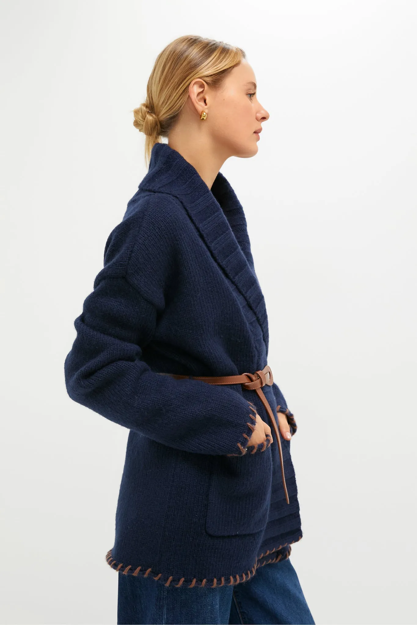 Navy and Brown Blanket Stitch Harrow Cardigan sold by Tuckernuck product image thumbnail 4
