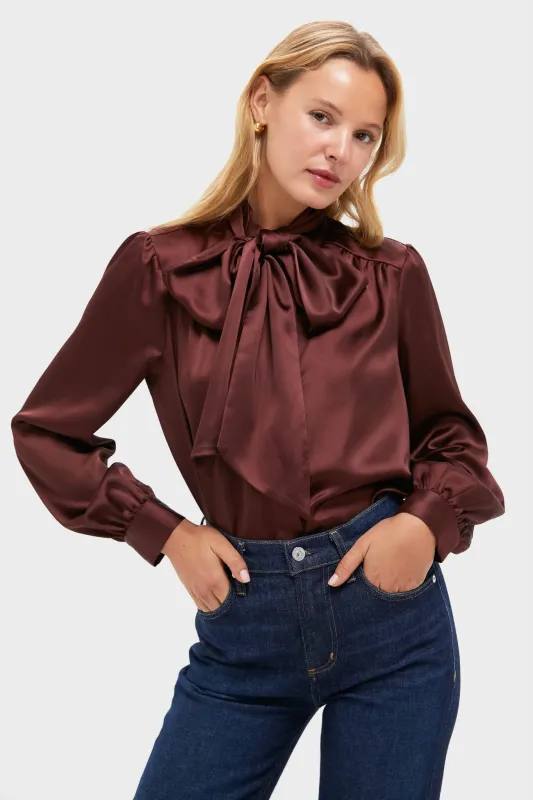 Chocolate Satin Brianna Bow Blouse sold by Tuckernuck