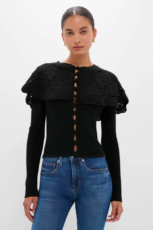 Black Nara Crochet Long Sleeve Cardigan With Capelet made by Sea New York