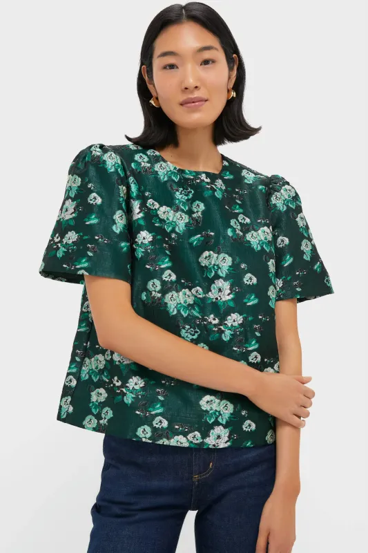 Emerald Magnolia Floral Jacquard Lyla Blouse sold by Tuckernuck