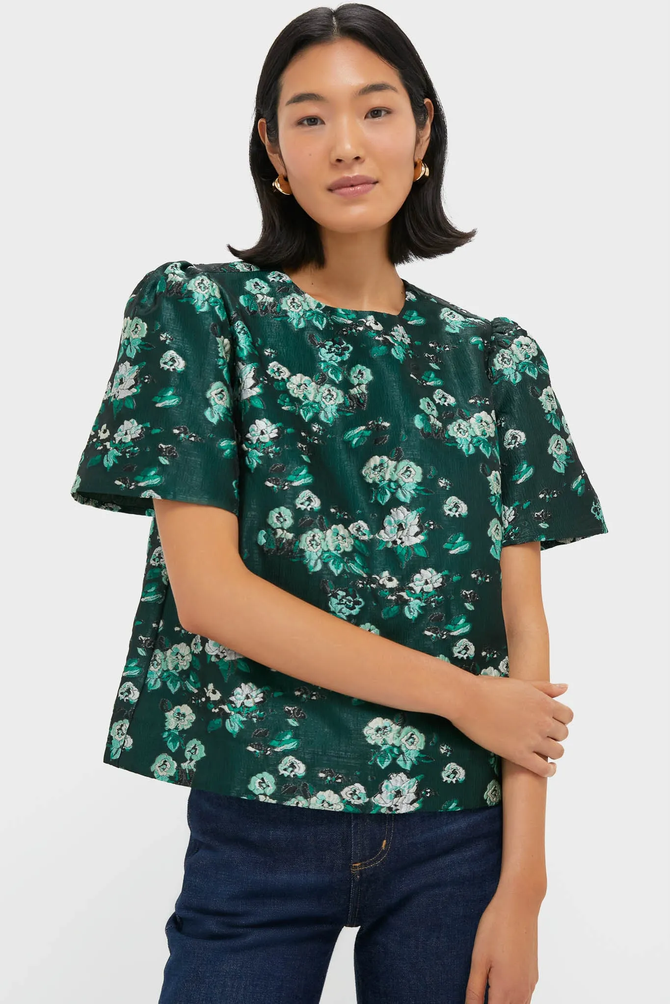 Emerald Magnolia Floral Jacquard Lyla Blouse sold by Tuckernuck