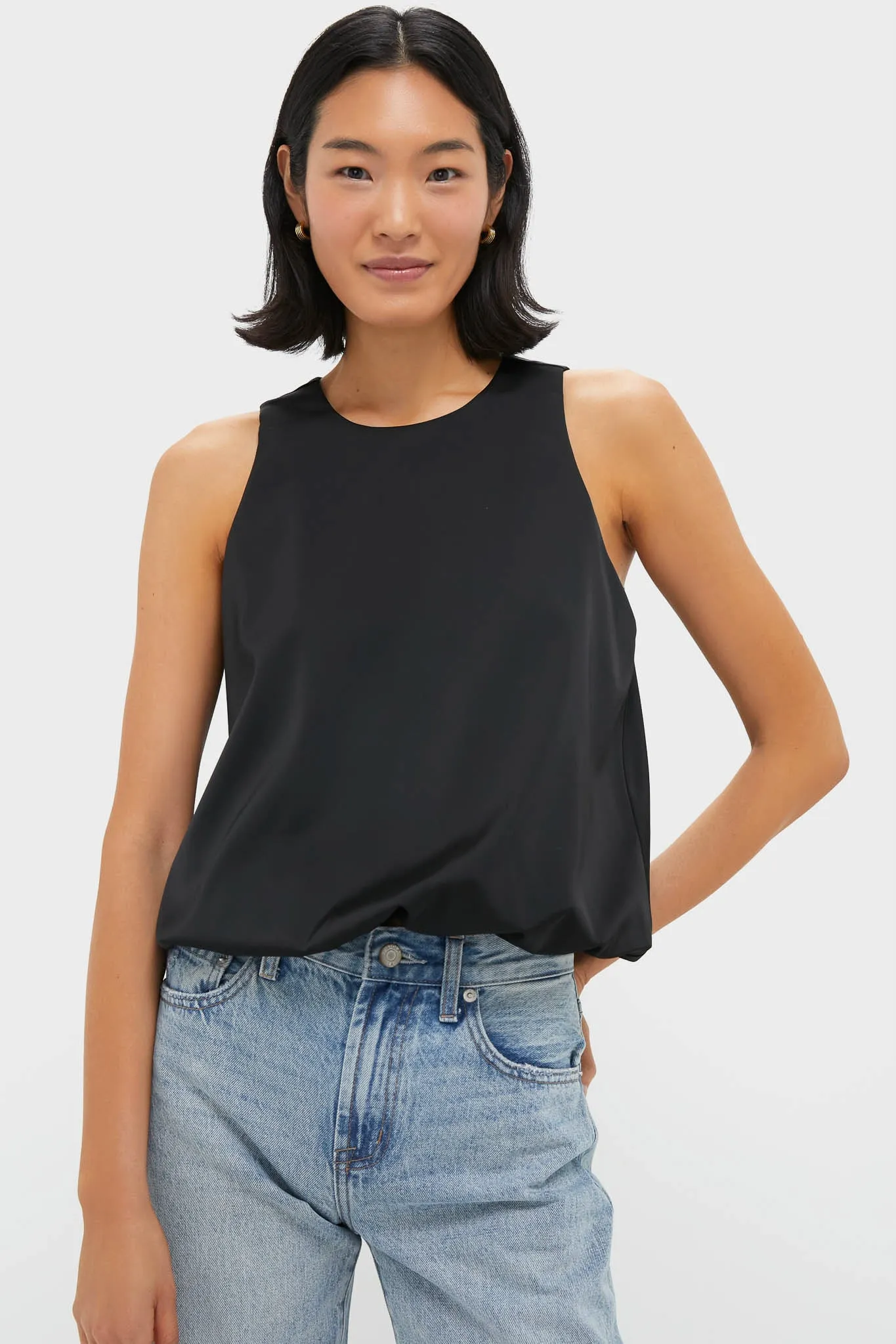 Black Satin Ramona Bubble Hem Top sold by Tuckernuck